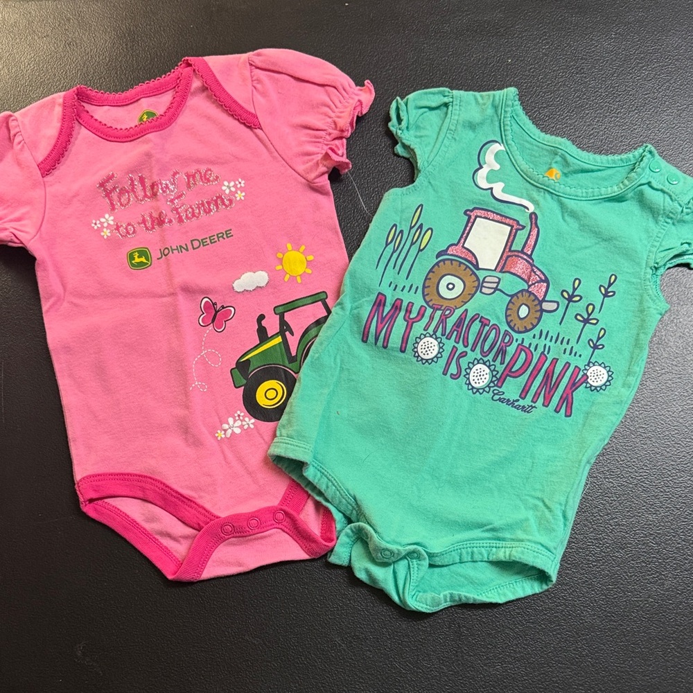 NWT John Deere Pink & Mint Green Tractor Baby Bodysuit and Like New Carhartt